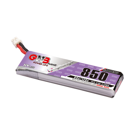 GAONENG GNB 850mAh 1S 3.8V LiHV 60C LiPo Battery with PH2.0 plug, angled label view