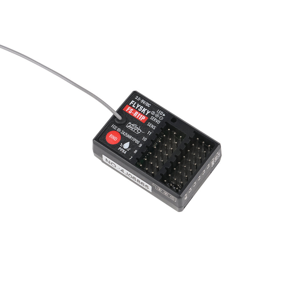 Flysky FS-R11P receiver angled view showing antenna lead and 11-channel servo pin headers