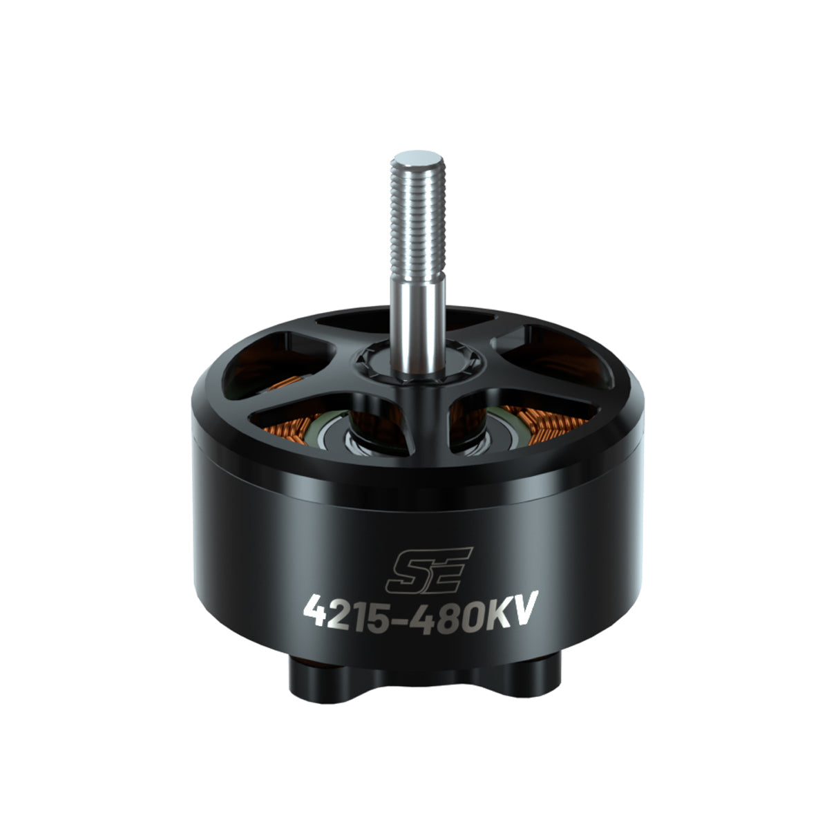 BrotherHobby SE 4215 480KV Motor, BrotherHobby SE 4215-480KV brushless drone motor with black housing, exposed copper windings and threaded shaft