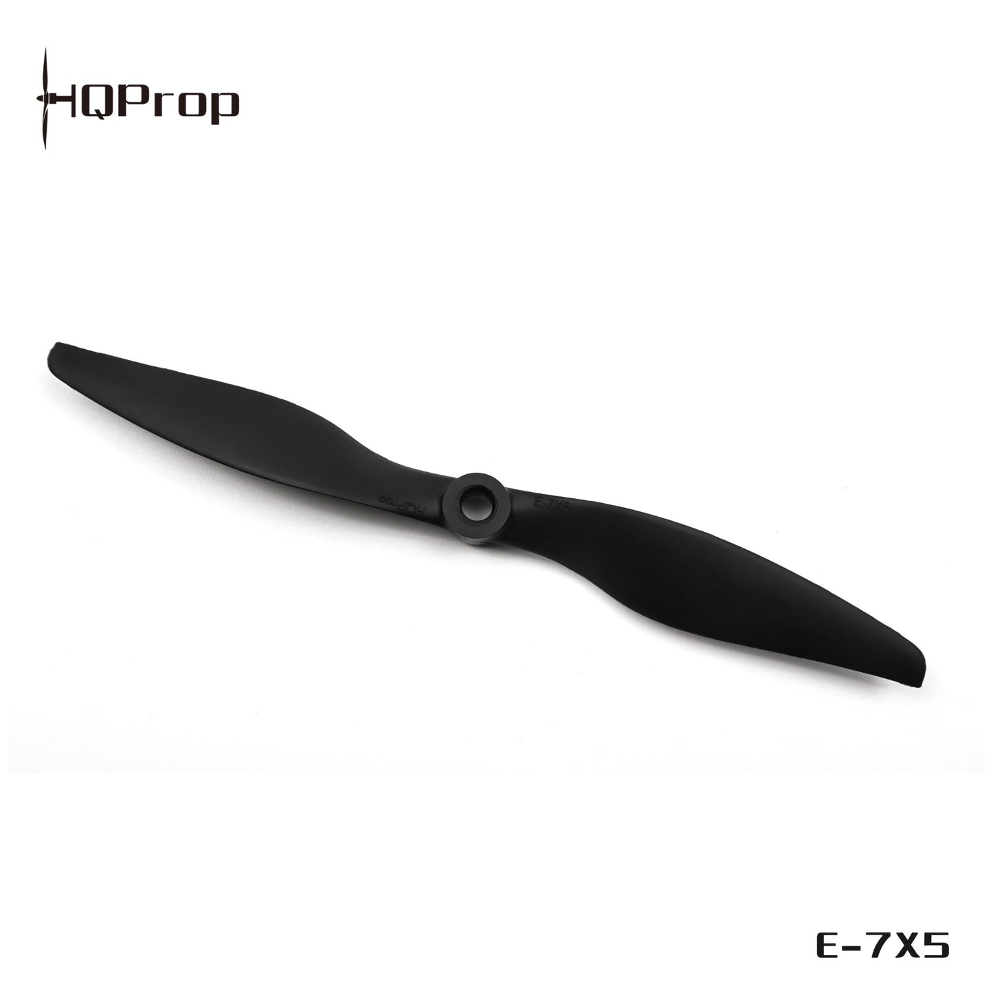 HQProp branded product photo of black two-blade propeller with E-7x5 marking on white background