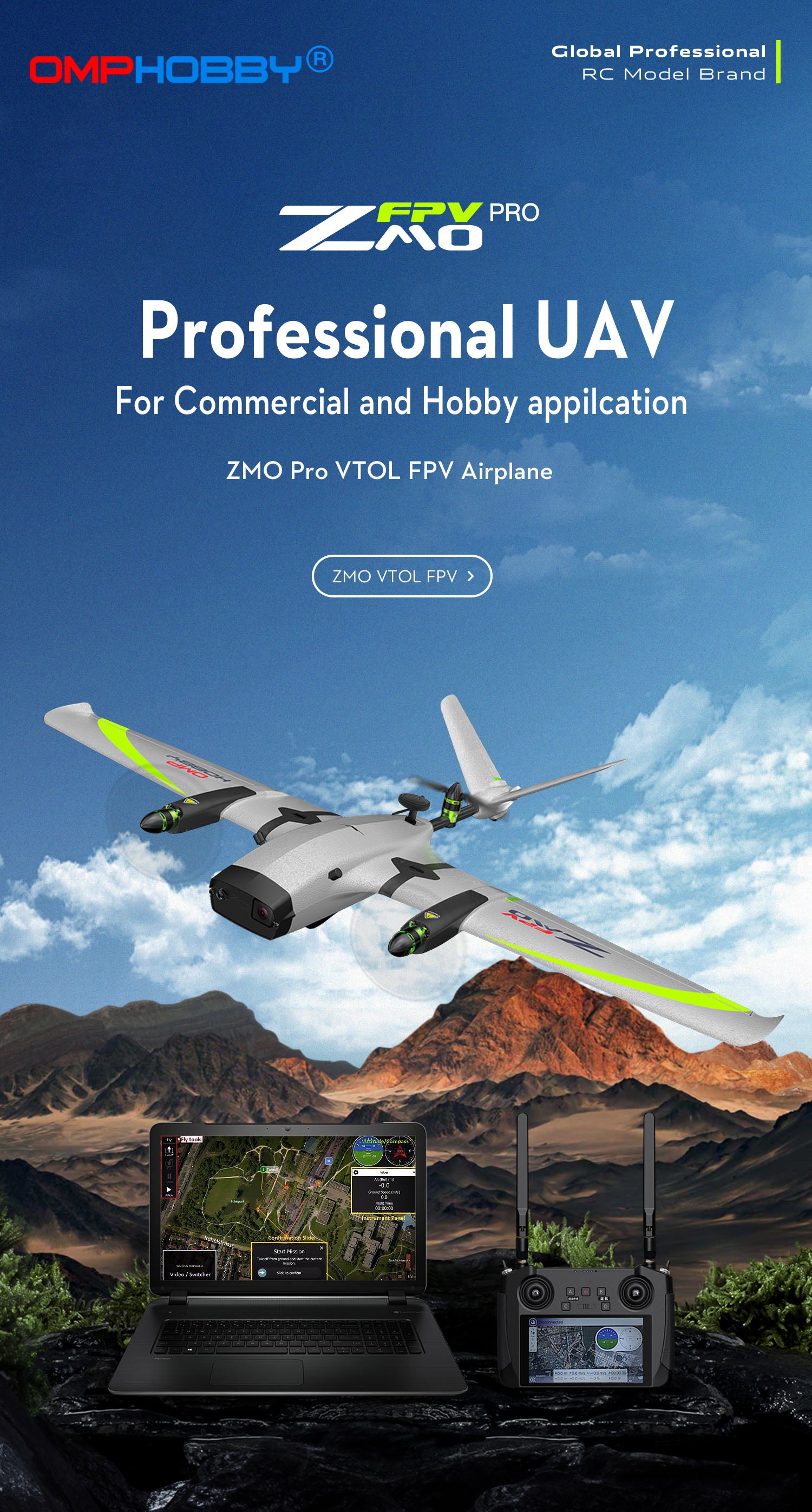 OMPHOBBY ZMO PRO VTOL FPV Aircraft, Professional-grade VTOL UAV with GPS technology, up to 60 minutes flight time, and range of 60km.