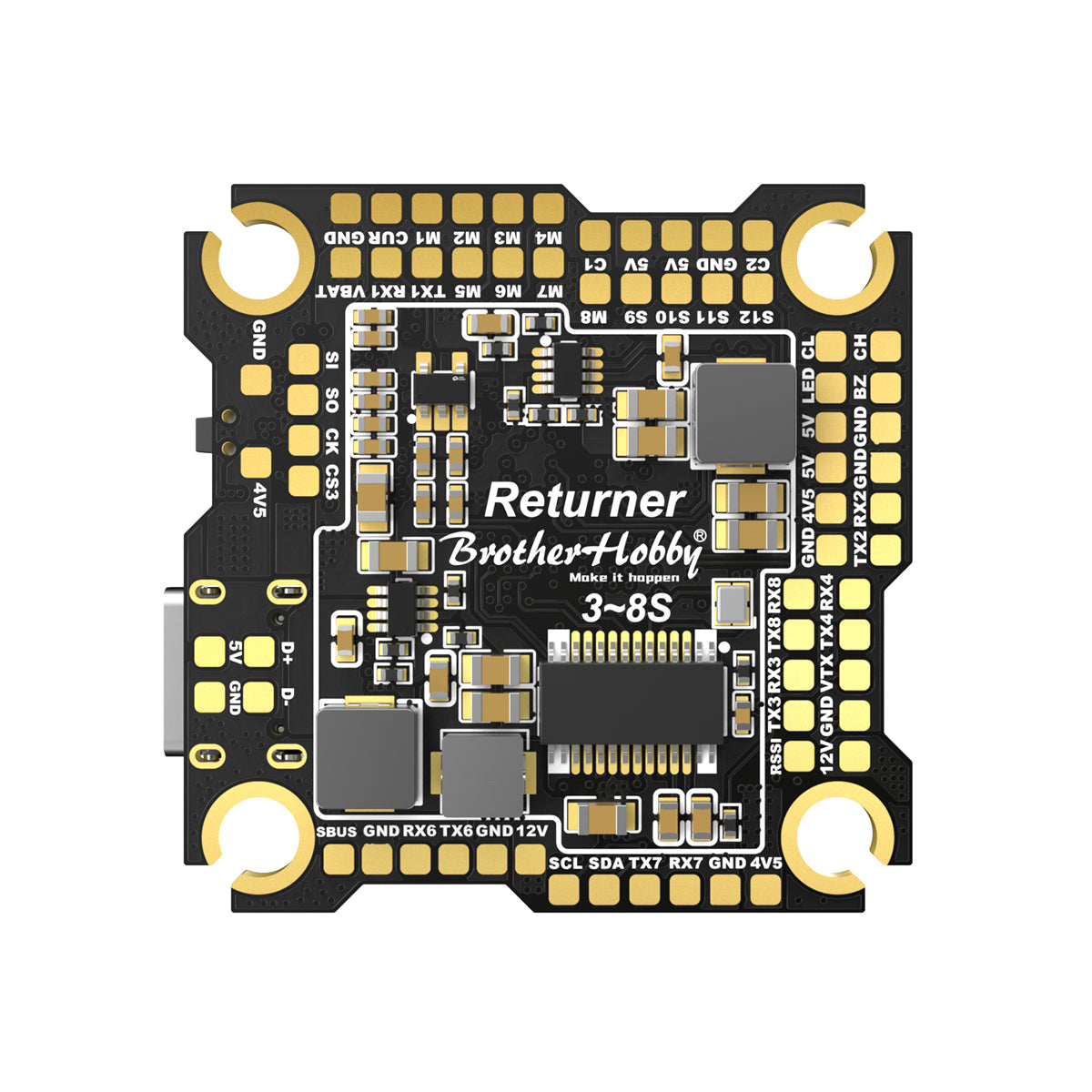 BrotherHobby Returner 3–8S Betaflight flight controller PCB with labeled motor pads, UARTs, SBUS, 5V and GND