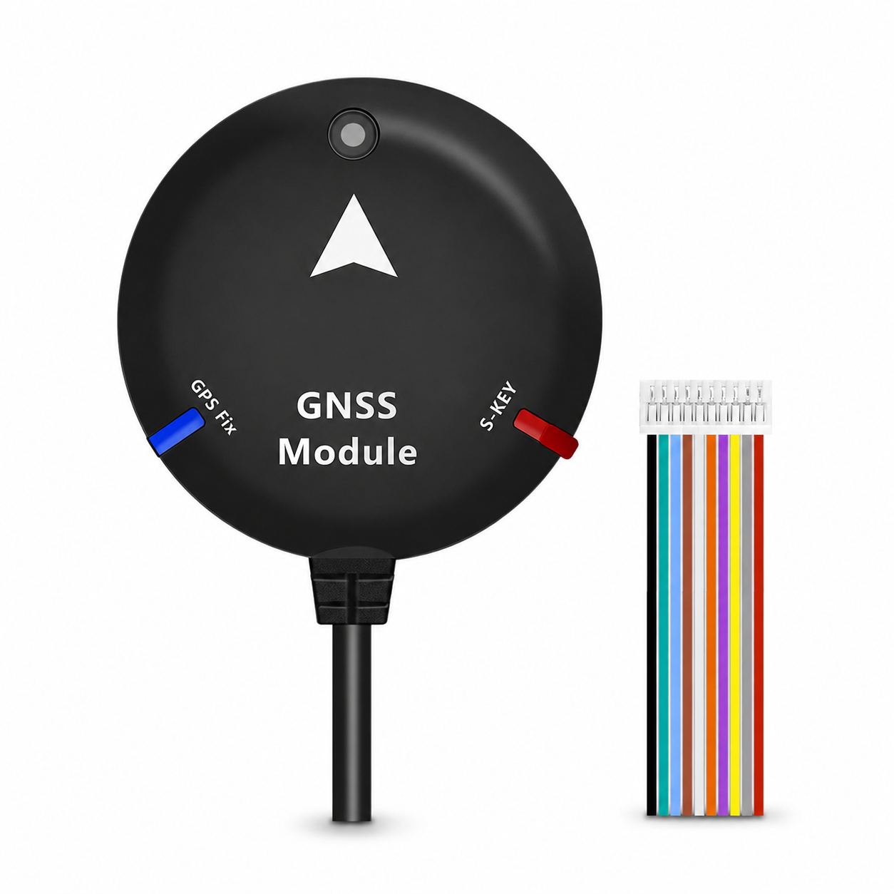 Beitian BE-525 GNSS GPS round receiver module with wiring harness, GPS FIX and S-KEY indicator lights