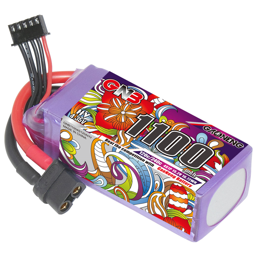Single GNB 1100 LiHV 4S battery close-up showing label, XT60 plug and balance lead