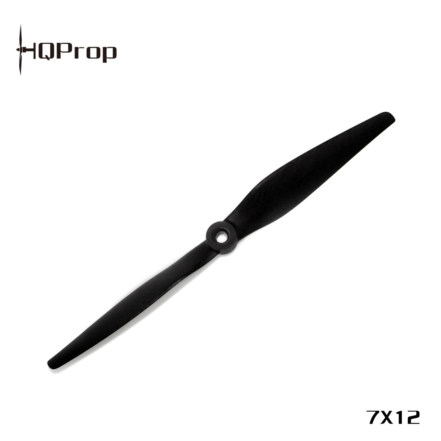 HQProp branded product image showing black 7x12 two-blade propeller with size text in corner