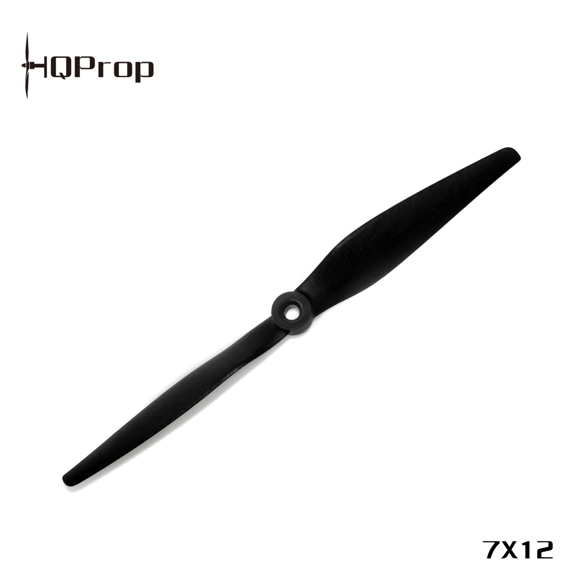 HQProp branded product image showing black 7x12 two-blade propeller with size text in corner