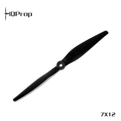 HQProp branded product image showing black 7x12 two-blade propeller with size text in corner