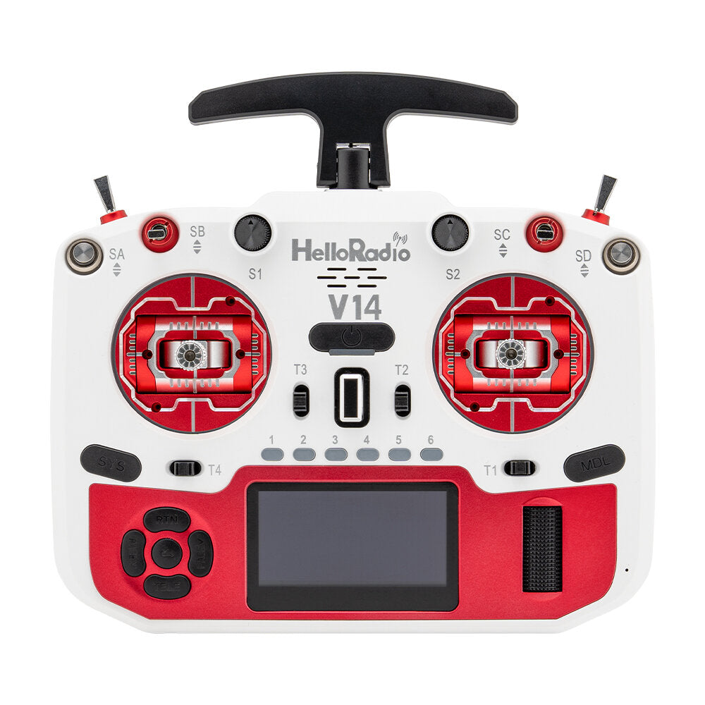 HelloradioSky V14 MAX transmitter front view in white and red colorway, dual gimbals and OLED display