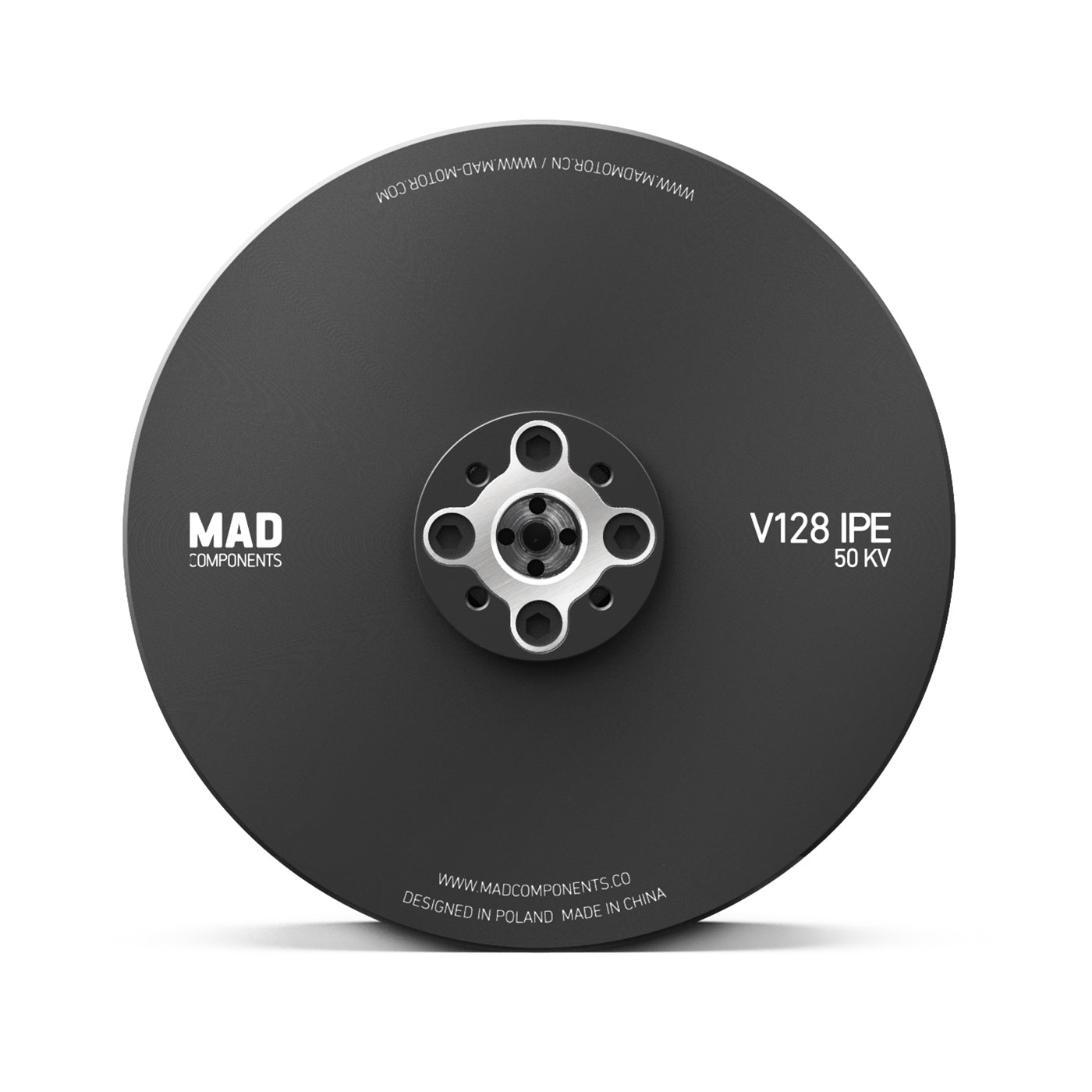 MAD V128 IPE V2.0 eVTOL UAV Drone Motor, MAD Components V128 IPE 50KV drone motor top view with circular housing and five-bolt mounting hub