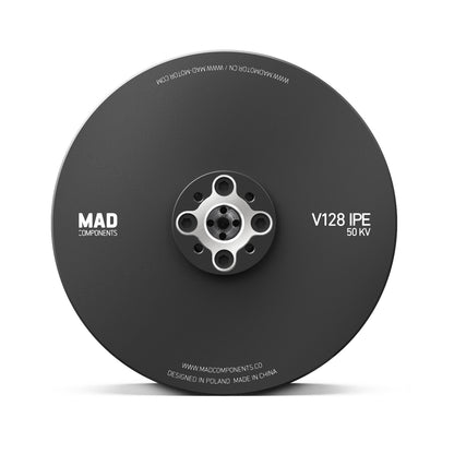 MAD V128 IPE V2.0 eVTOL UAV Drone Motor, MAD Components V128 IPE 50KV drone motor top view with circular housing and five-bolt mounting hub