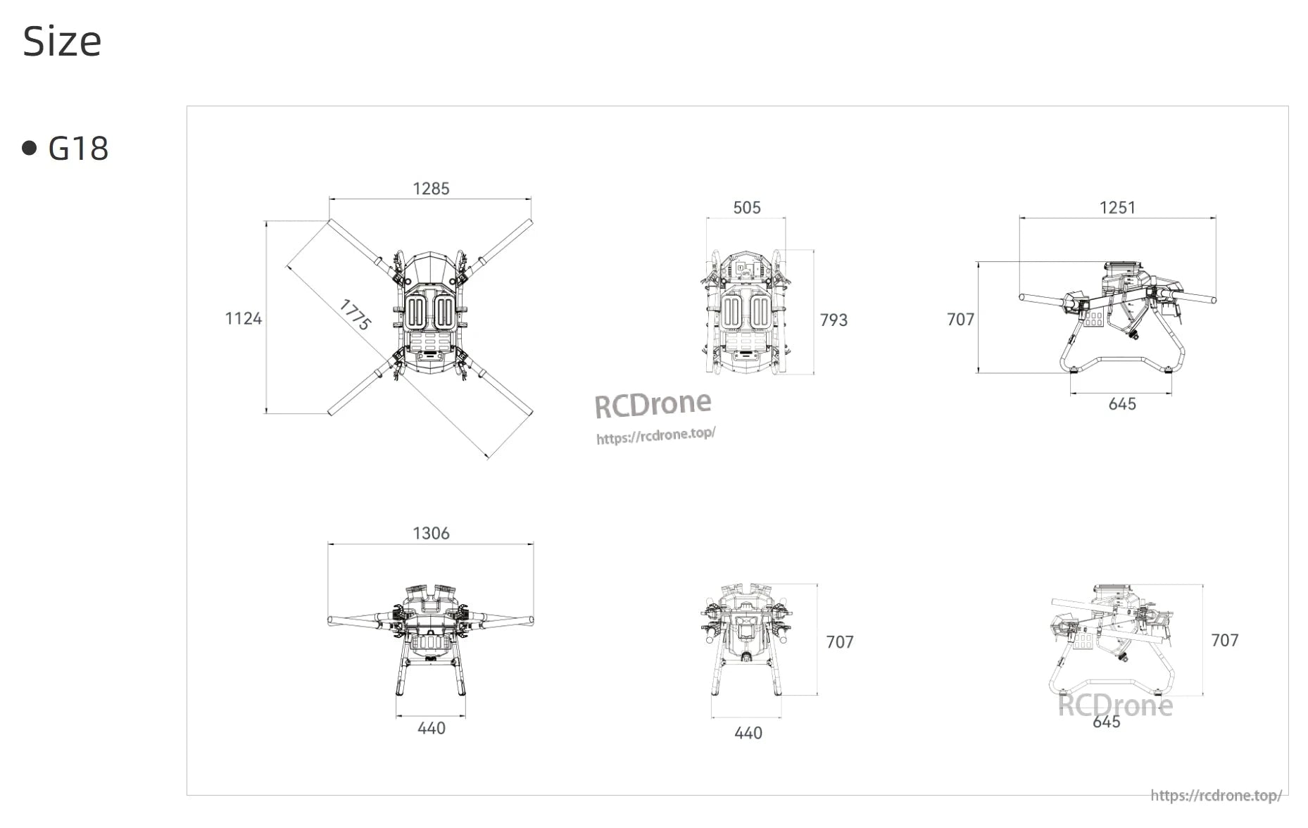 EFT G18 20L Agriculture Drone, The EFT G18 drone has dimensions of 1285x1124, 793x505, and 1251x645.