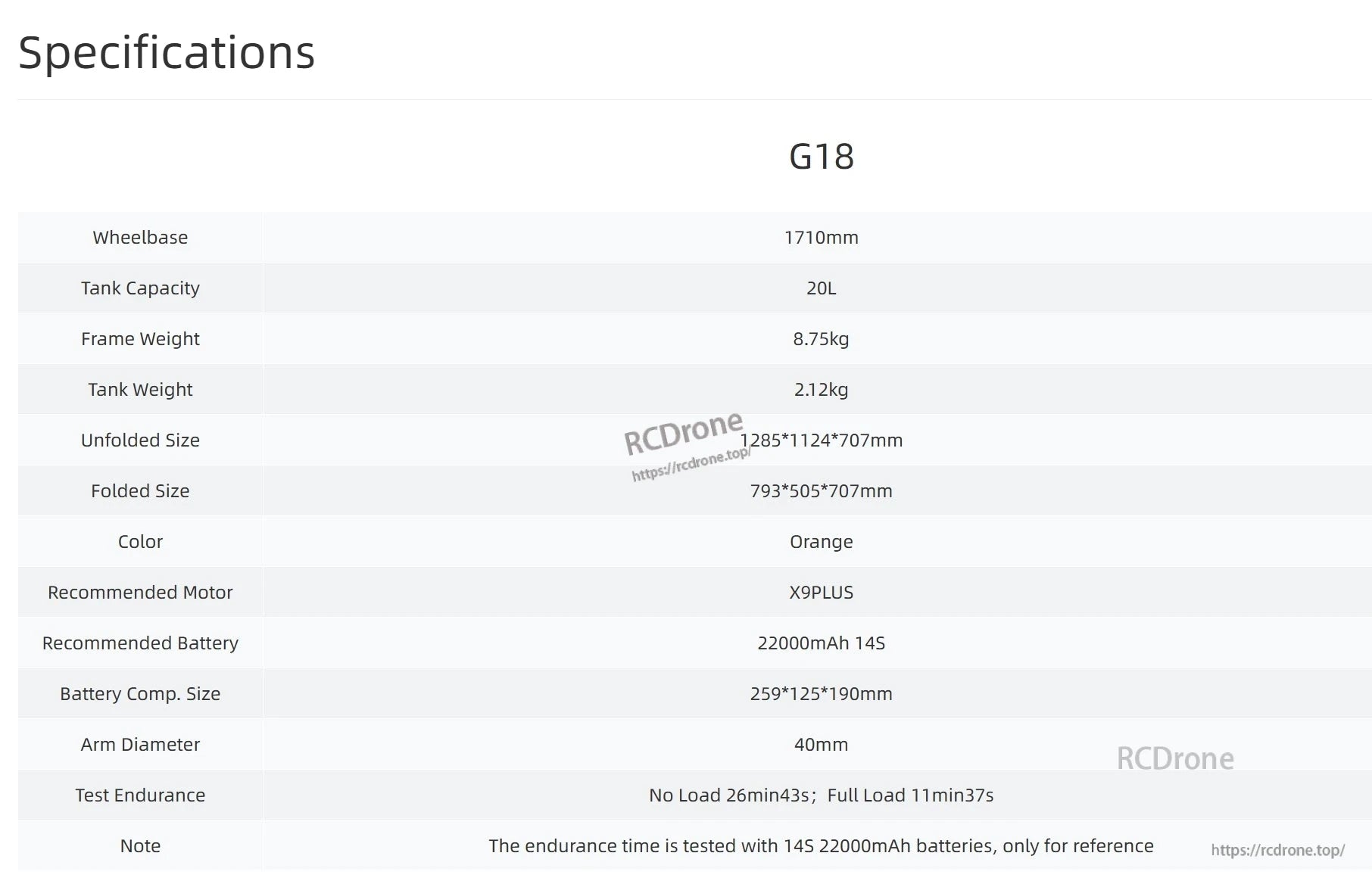 The EFT G18 20L agriculture drone has an 8.75kg frame, 1710mm wheelbase, orange color, X9PLUS motor, 22000mAh battery, and offers 26min43s no-load and 11min37s full load flight time.