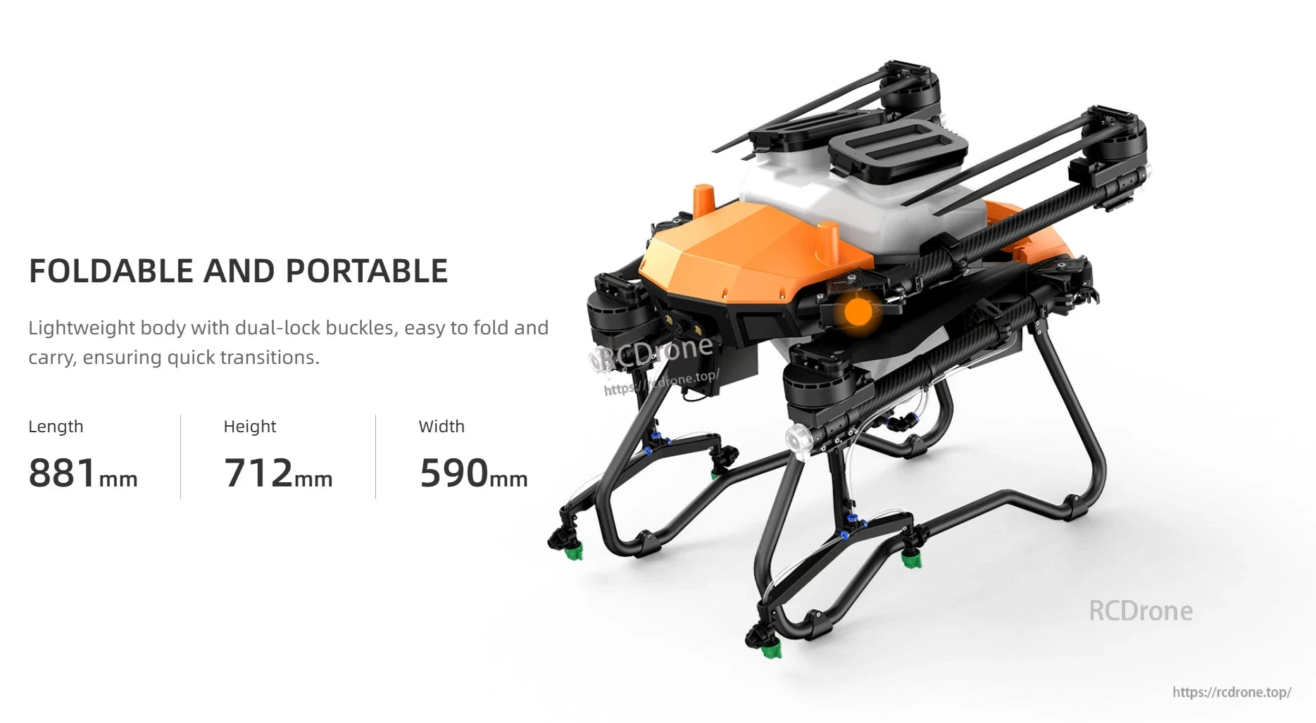 The EFT G18 20L agriculture drone is foldable, lightweight, and portable with dual-lock buckles, measuring 881mm x 712mm x 590mm.