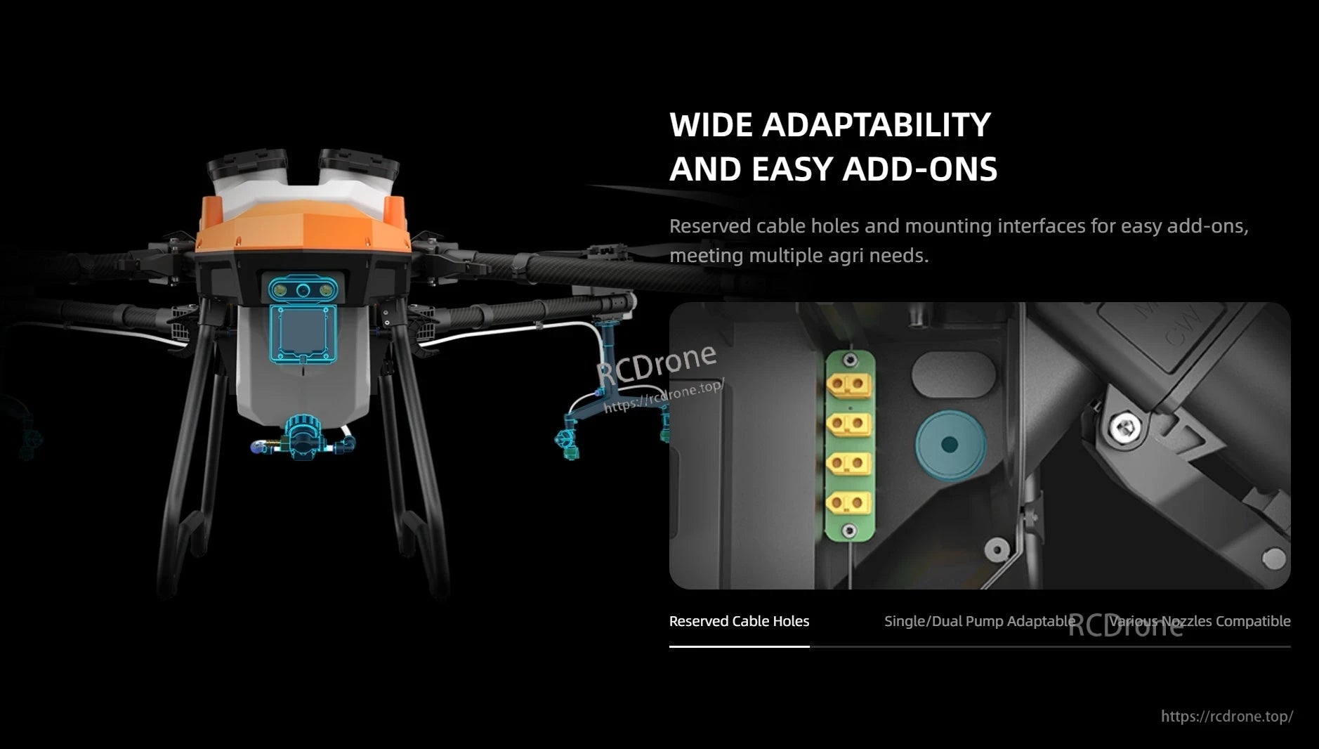 The EFT G18 20L Agriculture Drone features wide adaptability, easy add-ons, cable holes, single/dual pump support, and various nozzle compatibility.