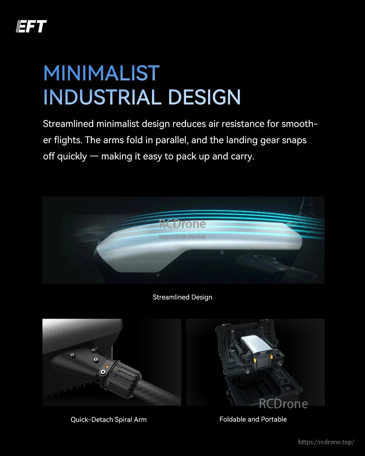 EFT X950 Lightweight Industrial Drone, The EFT X950 drone features a minimalist, foldable design with quick-detach arms for smooth flights and easy portability.