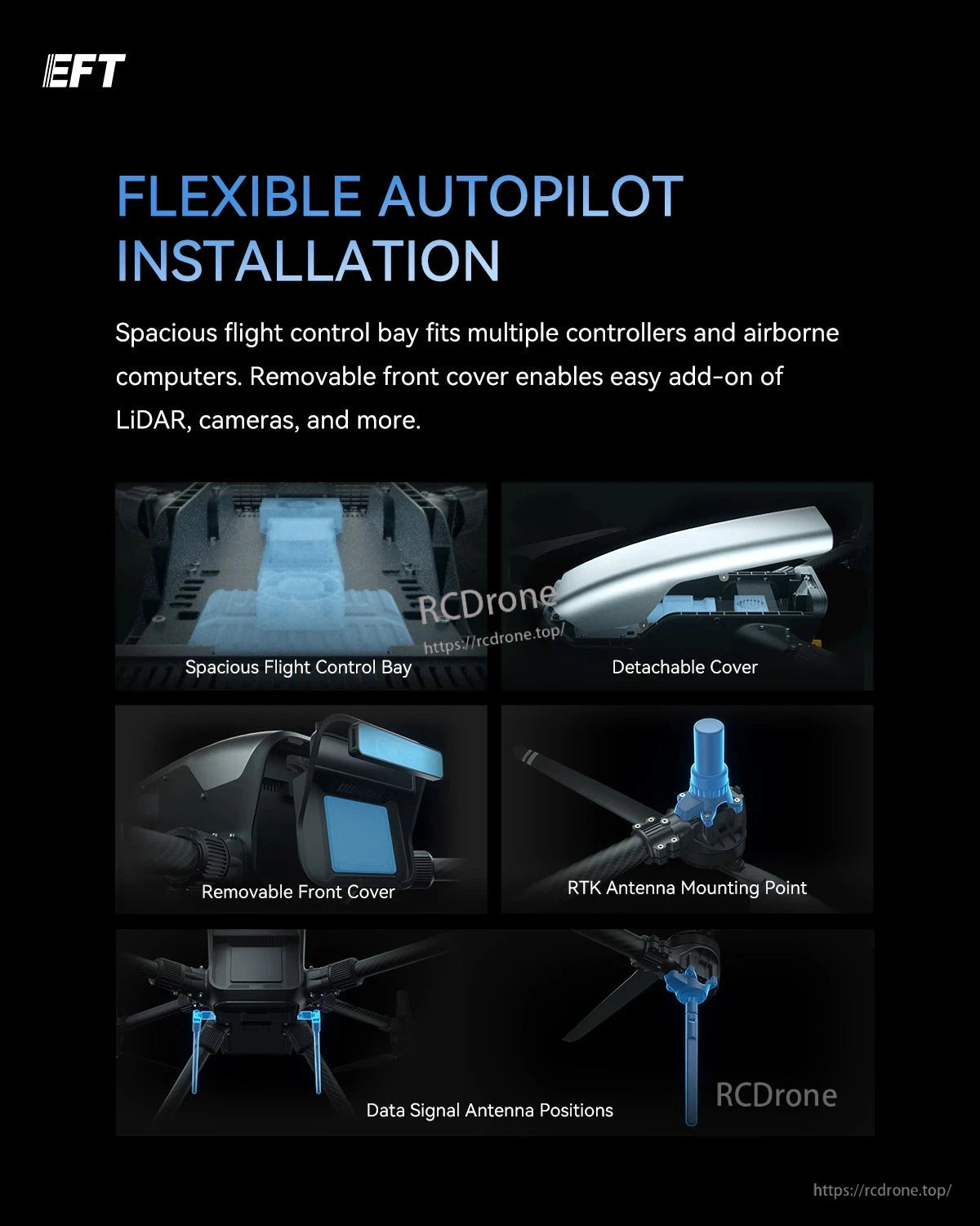 EFT X950 Lightweight Industrial Drone, Flexible autopilot installation with spacious flight control bay for multiple controllers and easy add-ons like LiDAR and cameras.