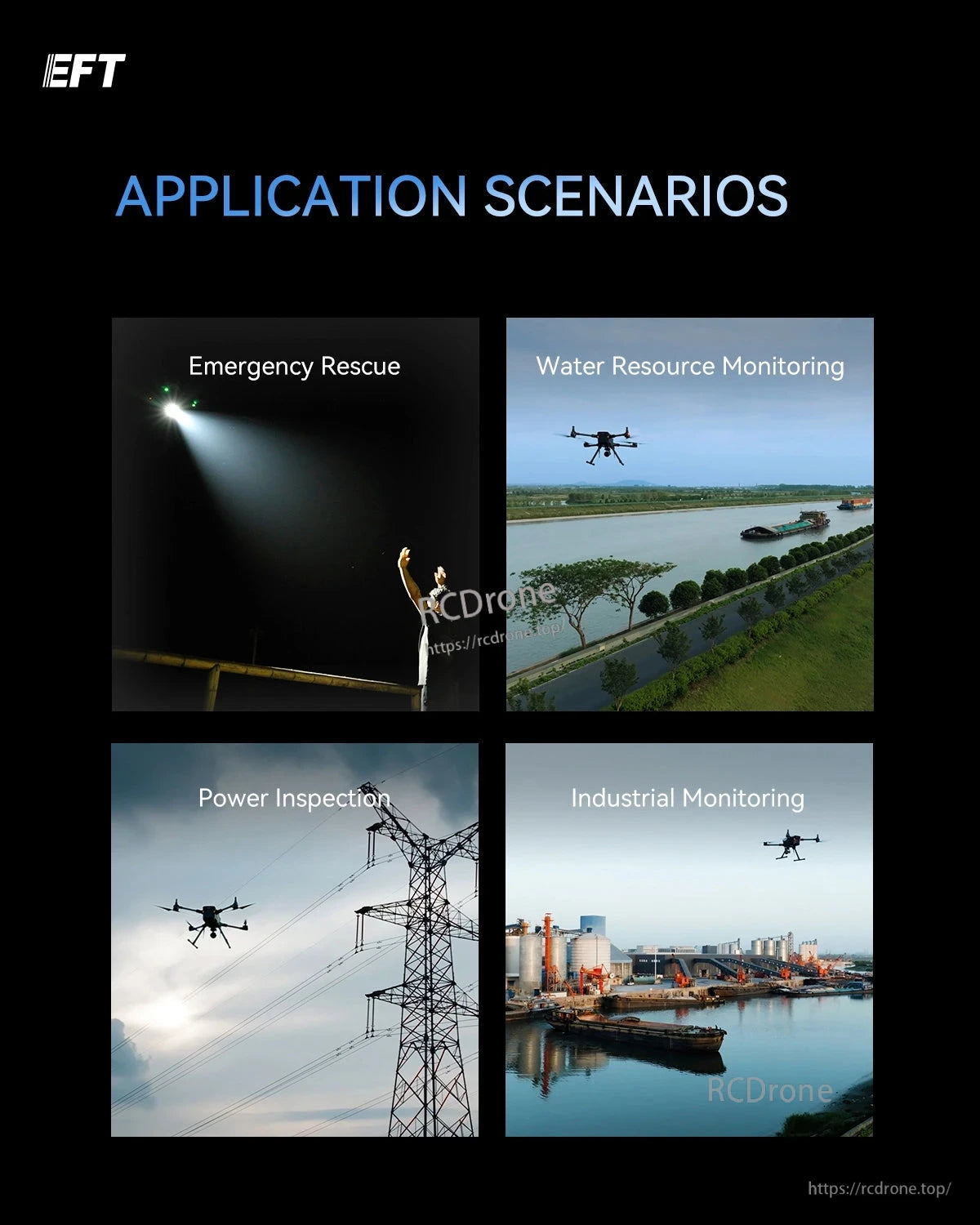 EFT X950 Lightweight Industrial Drone, The EFT X950 drone is used for emergency rescue, water resource monitoring, power inspection, and industrial monitoring.