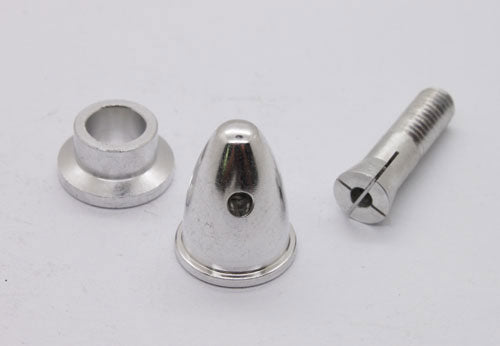 3-piece adapter kit: flanged spacer, cone nose, and slotted collet on white background