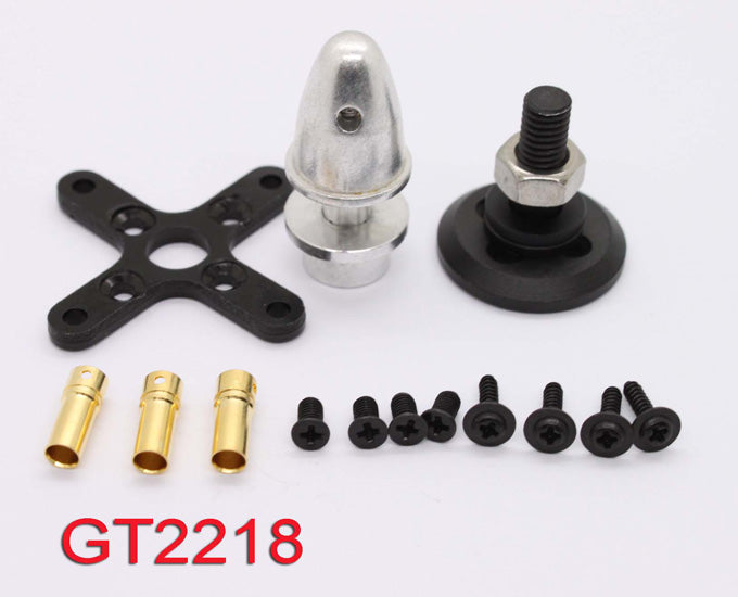 EMAX GT2218 motor hardware kit with prop adapter, cross mount, bullet connectors, and screws