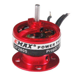Compact red Emax CF2805 outrunner motor close-up showing printed band label and mounting flange