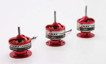 Three red EMAX brushless outrunner motors on white background showing CF2805 and CF2822 for size comparison