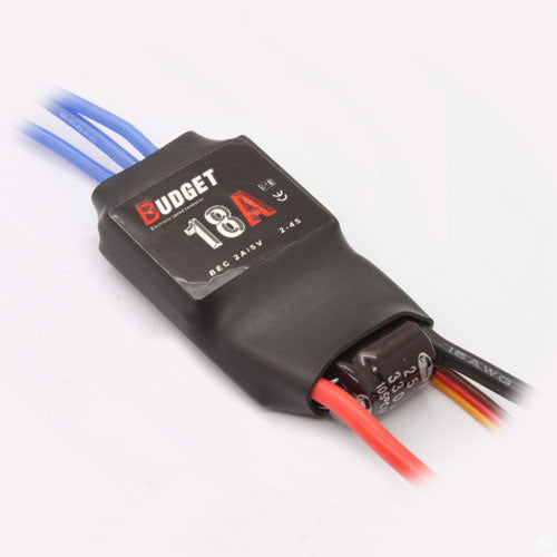 Emax 18A ESC speed controller in black heatshrink with motor leads and red/black battery wires