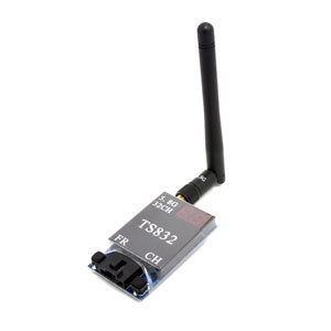 Boscam TS832 5.8GHz 32CH FPV video transmitter with antenna, top view showing FR/CH buttons