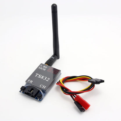 TS832 transmitter kit with 5.8GHz antenna and wiring harness connectors on white background