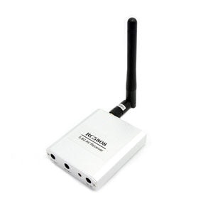 Compact RC5808 5.8G AV receiver with antenna, angled view highlighting dual AV OUT and DC IN ports