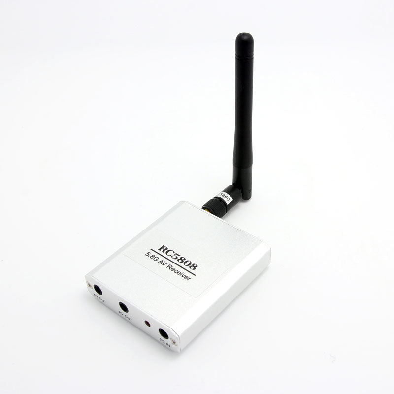 Boscam RC5808 5.8G 8CH FPV video receiver with antenna, angled view showing top label and ports