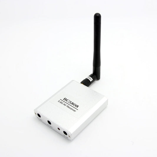 Boscam RC5808 5.8G 8CH FPV video receiver with antenna, angled view showing top label and ports