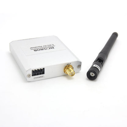 RC5808 receiver close-up with channel DIP switch and RP-SMA antenna connector; antenna shown separately