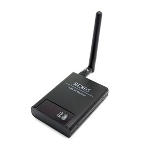 Angled view of compact RC805 5.8G receiver with attached antenna on white background