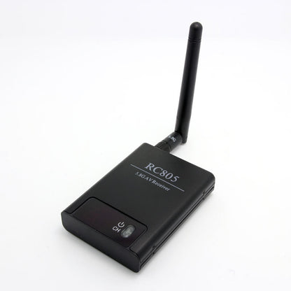 Boscam RC805 FPV video receiver 5.8GHz with antenna, top view showing RC805 label and CH button