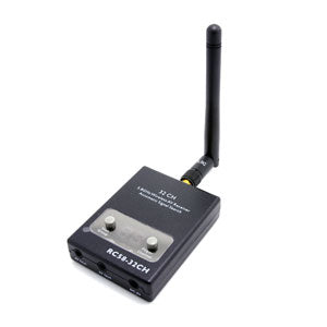 Compact front view of RC58-32CH receiver with antenna attached, showing front edge ports