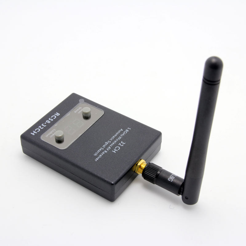 Top angled view of RC58-32CH receiver showing two control buttons and attached 5.8G antenna