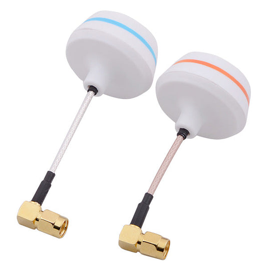 5.8G FPV antenna pair with white mushroom radomes, blue and orange bands, and right-angle gold connectors