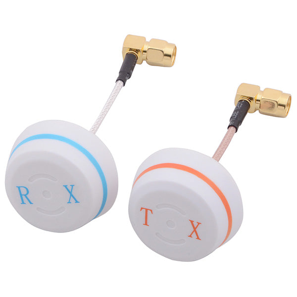 RX and TX marked white FPV antennas with blue and orange bands and short coax leads