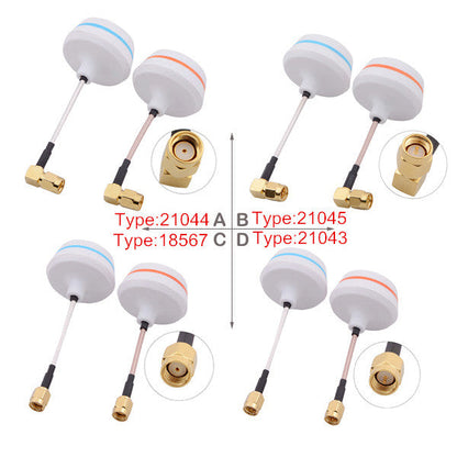 Connector options chart showing four 5.8G antenna versions, Types 21044, 21045, 18567 and 21043