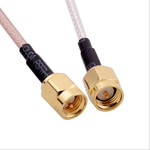 Close-up of gold SMA male connectors on coax leads for 5.8G FPV antenna, showing center pins and threads