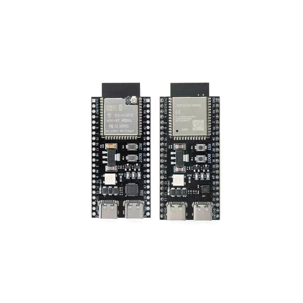 ESP32-S3 development boards, antenna-socket and PCB-antenna comparison; one selected board supplied