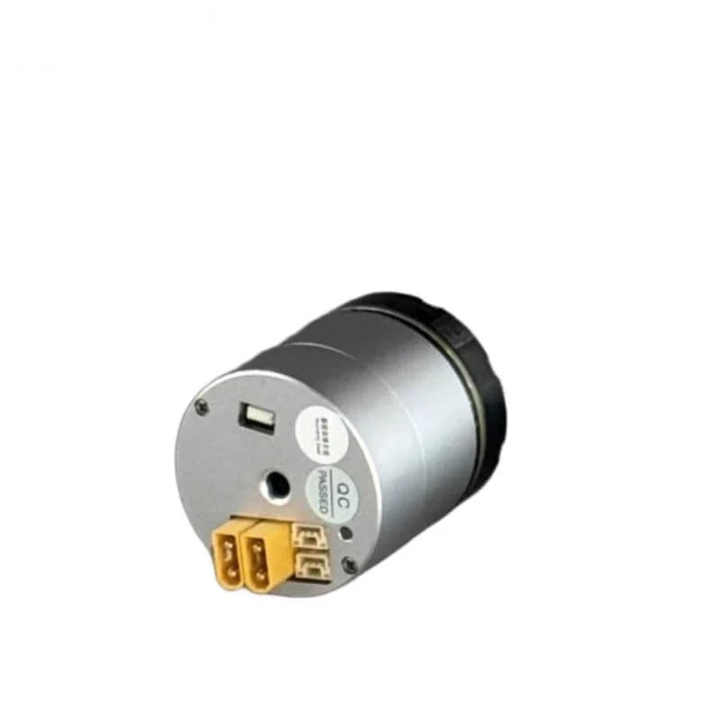 Rear angled view of the EYOU PH08 motor showing its circular end plate, yellow power connector, and small ports.