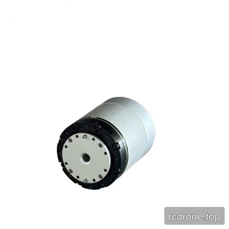 Angled view of the silver cylindrical motor showing its circular front mounting face and black bolted ring.