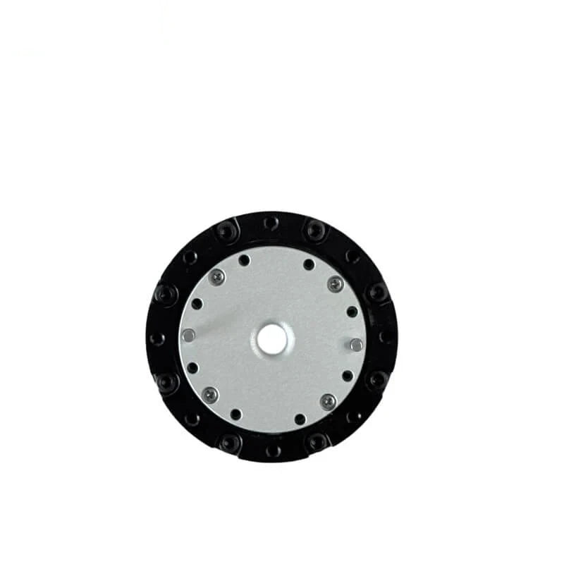 Front-facing circular motor plate with a central opening, silver inner cover, and black bolted outer ring.