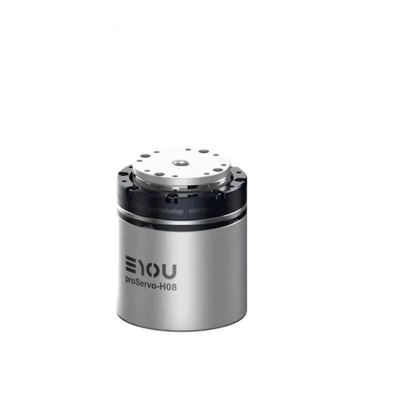 Silver cylindrical EYOU motor with black mounting ring and perforated top plate, shown upright on white.