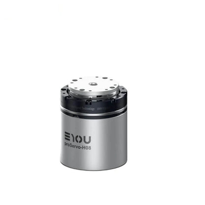 Silver cylindrical EYOU motor with black mounting ring and perforated top plate, shown upright on white.