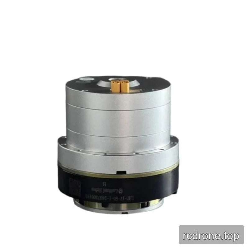 Rear view of the cylindrical motor showing its silver casing, black lower section, and twin yellow electrical terminals
