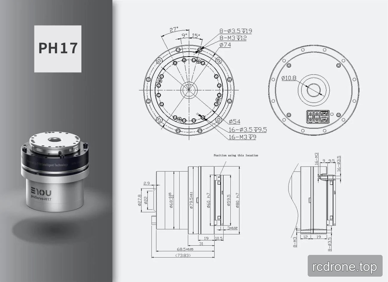 PH17 motor engineering drawing with mounting patterns and dimensions