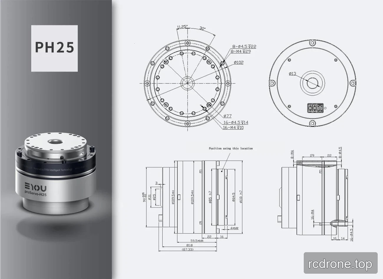 PH25 installation drawing with face views, mounting layouts and side dimensions