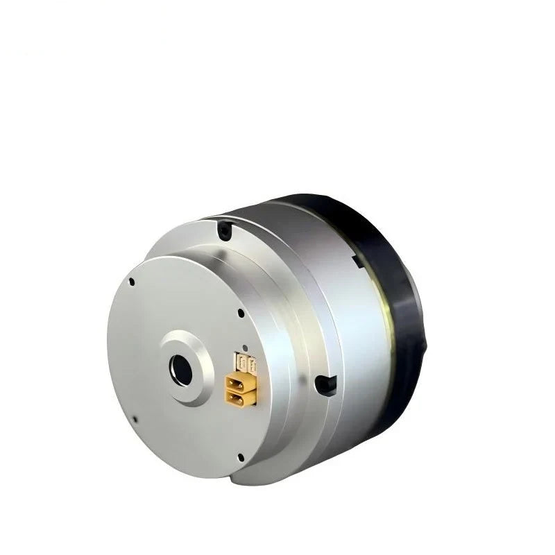 Angled rear view of the silver and black EYOU PH25 motor showing its circular end plate and two electrical connectors.